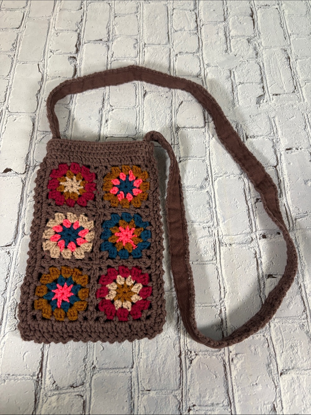 Brown Granny Square Crocheted Crossbody Bag Handmade